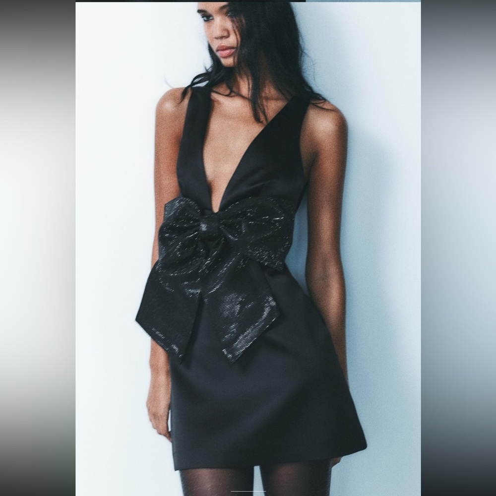 Zara Black Mini Dress with Oversized Bow - Picture 2 of 5